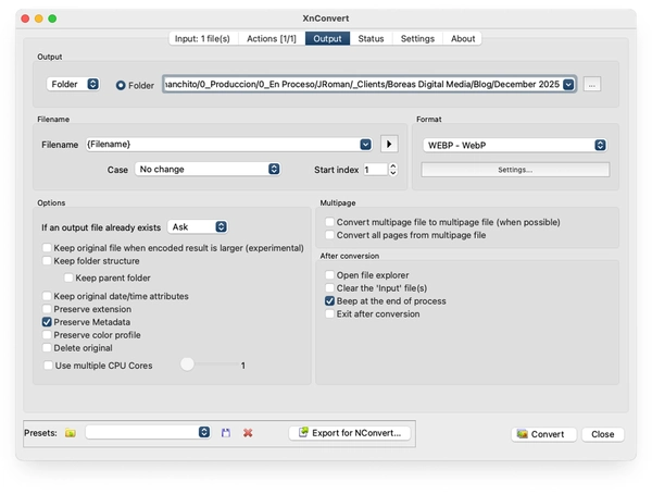 Pestaña de Output en XnConvert