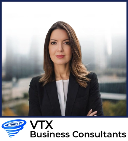 Professional portrait of a business consultant representing VTX Business Consultants, an accounting and financial services firm based in Tucson. The image shows a confident woman in a dark blazer standing outdoors with a blurred city background, symbolizing professionalism, trust, and financial expertise.