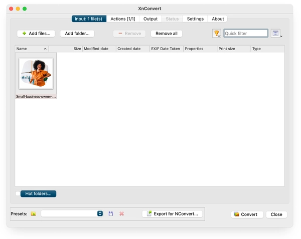 XnConvert interface's view during optimizing an image for web