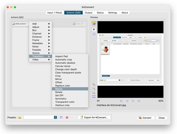 XnConvert actions options to optimize images for web