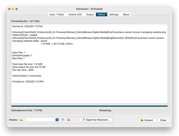 Status screen in XnConvert after optimizing an image for the web
